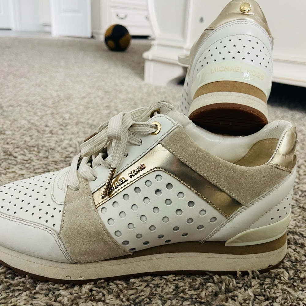 Michael Kors White and Gold Perforated Leather Sneakers